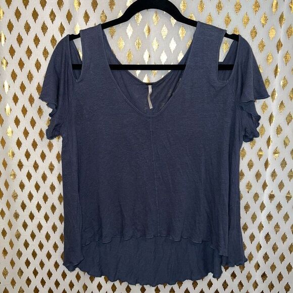 Free People Bittersweet Cold Shoulder Dark Blue crop top ruffles blouse size XS - Picture 2 of 6